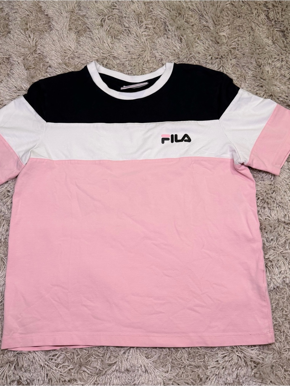 FILA Women’s M Pink White Black Colorblock Logo T-Shirt Cotton Stretch